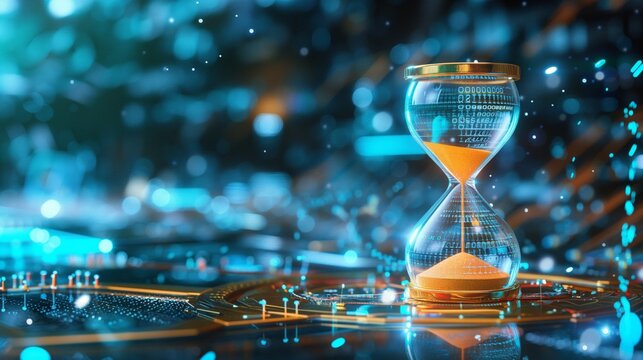 A digital hourglass with binary code stands prominently on an advanced technology circuit board, symbolizing time and data