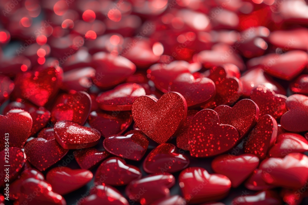 Poster A collection of red hearts arranged neatly on a table. Perfect for expressing love and affection.