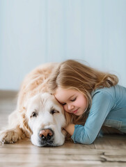 AI generated little girl is hugging her dog