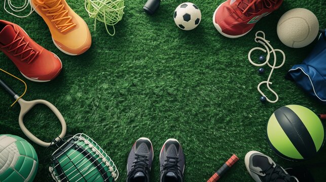 High Angle View Of Various Sport Equipments On Green Grass