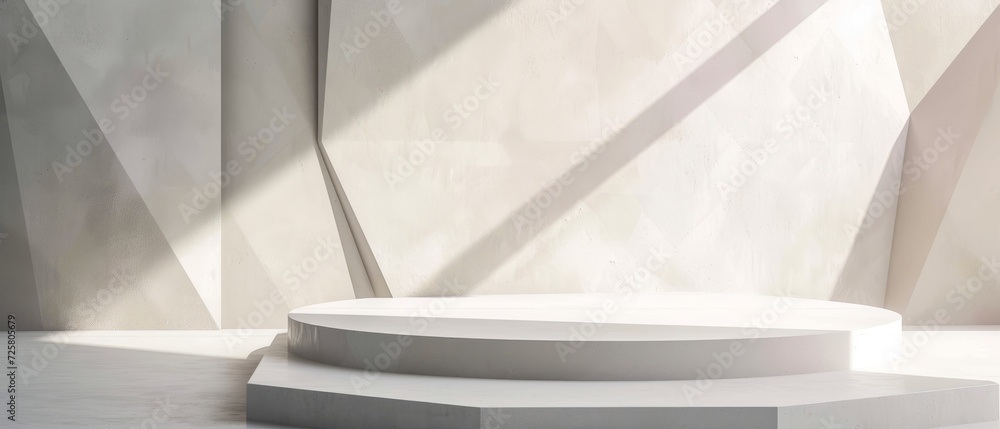 Poster geometric podium with angular surfaces, providing a striking empty platform for an avant-garde produ