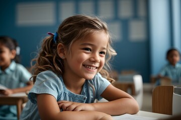 little girl smiling on a blue background, school, back to school, education

 - obrazy, fototapety, plakaty