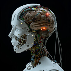 Fototapeta premium AI generated humanoid robot head with a brain and bugs in it, LEDs and a lot of wires on a black plain background