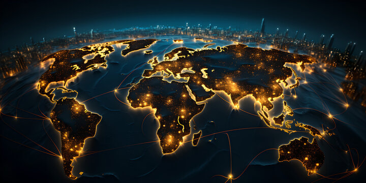Abstract world map symbolizing global connectivity , cyber technology  and information exchange It represents worldwide business, international data transfer , and telecommunications , global  network