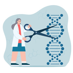 Female employee of genetic laboratory engaged in DNA helix sequencing. Genome research. Genetic engineering concept. Vector illustration