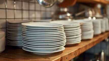 A stack of plates sit neatly on the kitchen shelf
