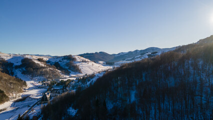 Panoramic landscape of Brzece, Valley famous travel ski resort and iconic Kopaonik mountain at dawn in the Serbia