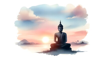 Watercolor painting illustration of a silhouette of a buddha statue sitting in meditation at sunrise.