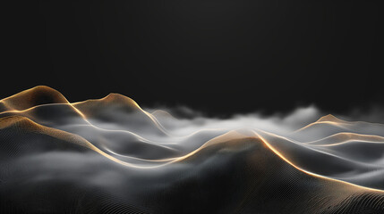 AI generated simple line of gold celestial and light blue elements, puffy clouds in the far distance, 3d extrusions, design on pure black background, minimalistic