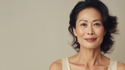 portrait of a beautiful middle-aged Asian woman with natural makeup on a neutral background with space for text. The concept of natural beauty and anti-aging skin care