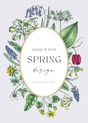 Delicate spring wreath. Woodland wild flower sketches. Floral background. Wildflowers in color. Elegant greeting card, invitation design template. Hand drawn vector illustration, NOT AI - obrazy, fototapety, plakaty