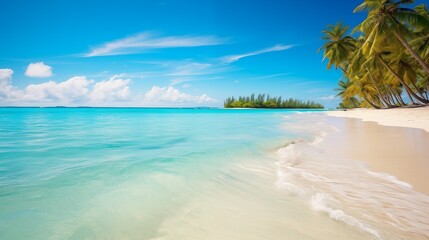 Fototapeta na wymiar White sandy beaches, crystal-clear turquoise water, and palm trees gently swaying in the breeze
