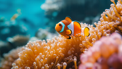 Naklejka na ściany i meble Aquatic organisms, as clownfish and parrotfish, face jeopardy as reefs undergo a decline vibrant hues and protective framework, primarily attributed effects of climate change lead to coral bleaching