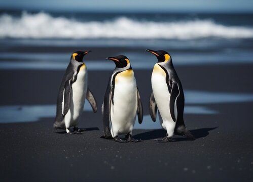Ping&uuml;ins Saindo da praia andando na Areia