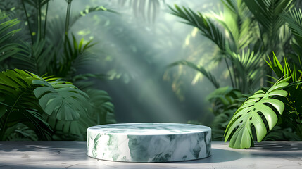 3d render of marble podium with tropical palm leaves in the background