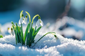Snowdrop flowers (Galanthus nivalis) in the snow