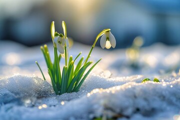 Snowdrop flowers growing in the snow. First spring flowers. Nature background.
