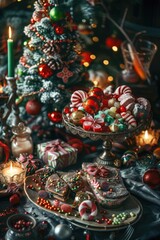 Naklejka premium A table filled with an abundance of Christmas decorations. Perfect for adding a festive touch to any holiday-themed project