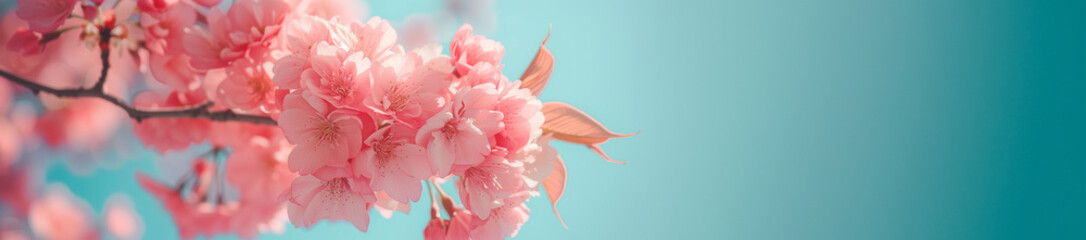 Pink cherry blossoms with soft bokeh on a blue background. Spring bloom nature concept. Design for wedding invitation, greeting card. Spring event banne with copy space. - obrazy, fototapety, plakaty