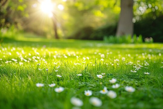Beautiful green grass and white flowers in the park with sunlight.
