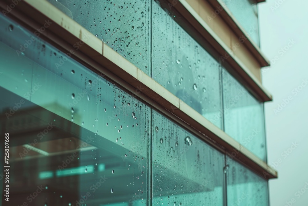 Poster A picture of a glass building with rain drops on it. This image can be used to depict a modern architecture in a rainy weather