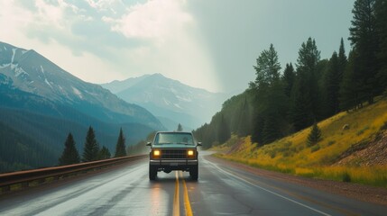 Pickup truck running on the beautiful road along the mountains and forest. Front side view of a pickup truck with a snorkel on a highway road and majestic nature in the background