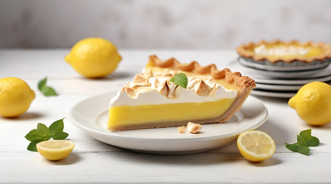 Plate with piece of tasty lemon pie on white wooden table.Generative AI
