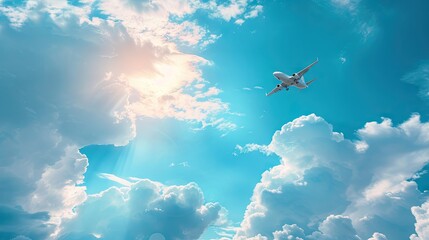 Fly high! An airplane soaring in the blue sky amidst beautiful clouds, capturing the essence of aviation and travel, creating an ideal image for wanderlust and adventure.
