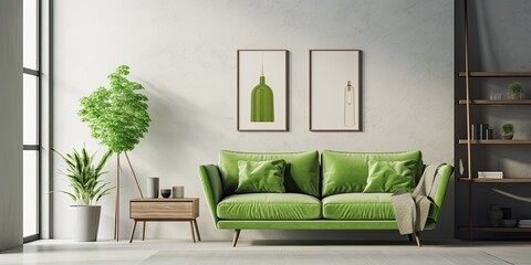 Contemporary living room with stylish, one-of-a-kind loft interior featuring a comfortable green sofa, design furniture, mock-up poster map, carpet, plants, elegant accessories, and modern home decor