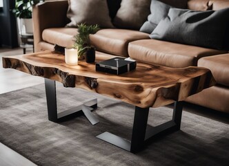 Interior de sala de estar com uma mesa de madeira rústica com os pés de metal