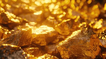 A pile of gold nuggets sitting on top of a pile of rocks. This image can be used to represent wealth, success, or the mining industry