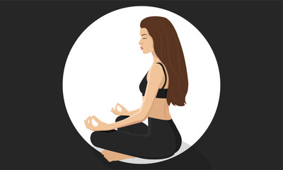 Young woman meditating in Lotus position with brown-haired in Faceless style.  Vector illustration.