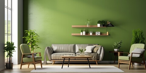 Scandinavian concept: Cozy living room with big window, sofa, armchair, and green wall.
