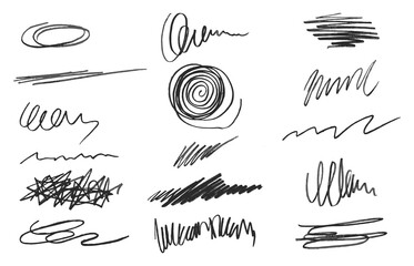 Set of hand drawn ink pen scribbles. Brush strokes. Black pencil sketches. Hand drawn marker grunge scrawls. Vector illustration - obrazy, fototapety, plakaty