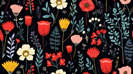 flowers, doodle, seamless pattern, isolated on black background