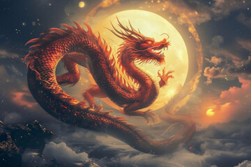 A majestic dragon dance under a full moon