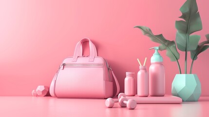 Sport equipment background for healthy lifestyle packaging presentation. Sport bag, bottle, dumbbell on pastel pink and very peri background. Trendy 3d render for fitness, lifting in the gym - obrazy, fototapety, plakaty