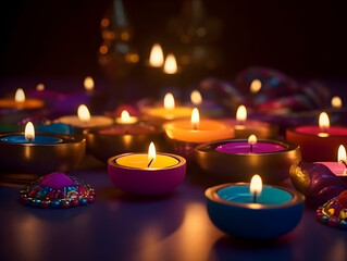 Colorful Diwali Diya lights on a table with various lit candles