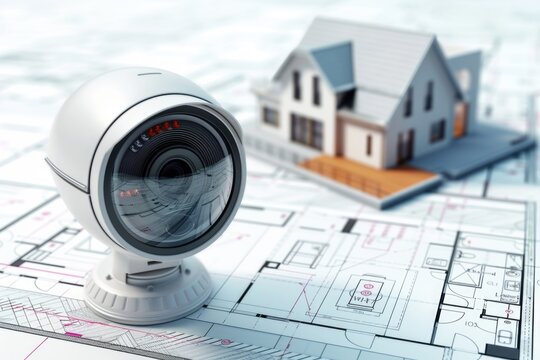 A camera sits on top of a blueprint, with a house visible in the background. This image can be used to represent photography, architectural design, or real estate concepts
