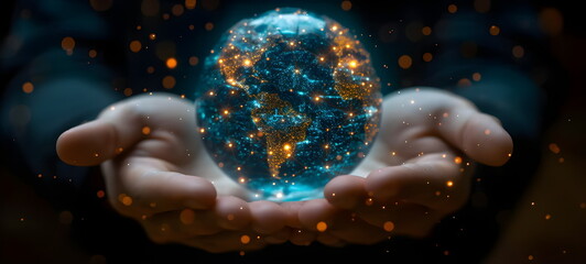 Hologram of the earth in human hands. Blue and orange.