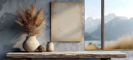 Mockup. Poster, framed canvas. Cozy interior. White, beige. Plants