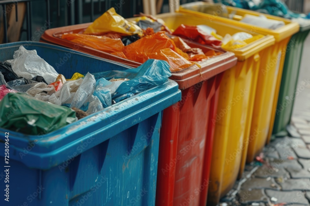 Poster A row of colorful trash bins lined up next to each other. Suitable for illustrating waste management or recycling concepts