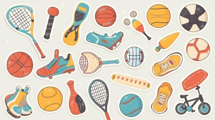 Sports cute stickers set in flat cartoon design. Bundle of basketball, baseball, football, bowling, skating, tennis, running, cycling and other. Vector illustration for planner or organizer template