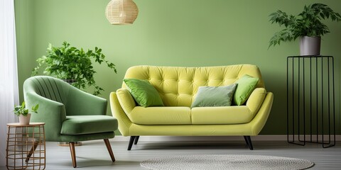 Green armchair, openwork table and sofa in living room.