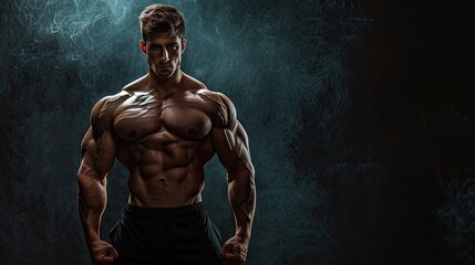 Fototapeta na wymiar A muscular model sports a young man on a dark background, revealing his sporty, healthy, and strong physique with a focus on big shoulders, biceps, and triceps,