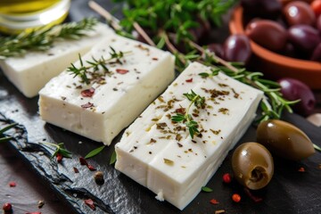 Greek feta cheese with olives and herbs