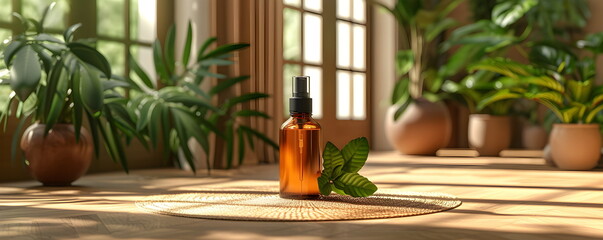 Mockup.Natural oil in a glass bottle on a wooden floor in a cozy interior. Plants in the background.