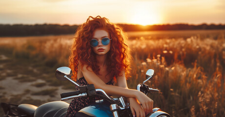 Obraz premium Beautiful redhead woman with blue sunglasses in the sunset field on the motorcycle