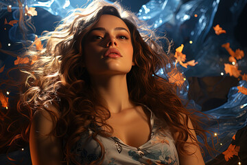 Enigmatic captivating woman is surrounded by a mystical swirl of autumn leaves and soft, ethereal lights, creating an enchanting atmosphere that evokes the magic of twilight.