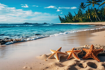 Fototapeta na wymiar Twinkling Stars: Three starfishes peacefully rest on a sandy beach as gentle waves from the vast ocean create a soothing symphony.